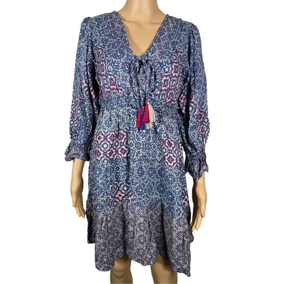 Angie Women's V-Neck Quarter Sleeves Tiered Mini Skirt Dress Size S - Picture 2 of 8